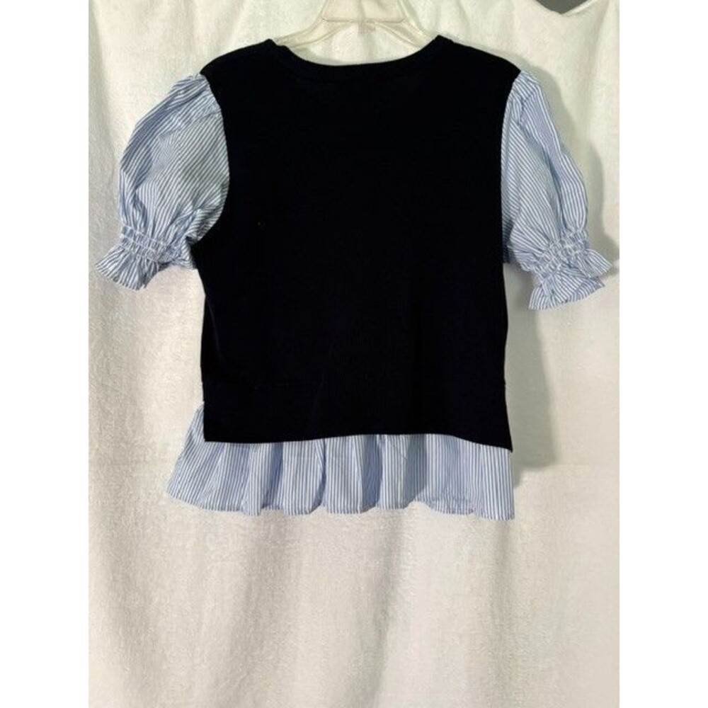 Zac & Rachel Women’s Navy Mixed Media Top Striped Puff Sleeve Ruffle Medium NWT